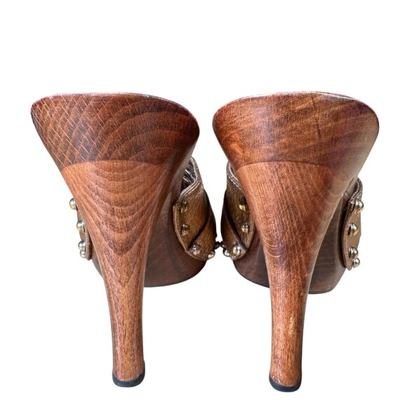 Gucci Bronze Leather Horsebit Wooden Clogs Heels Size UK 9B - Picture 5 of 12